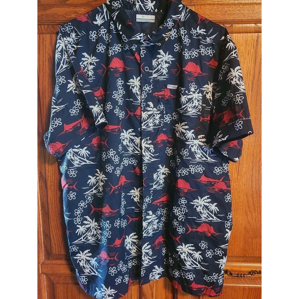 Columbia PFG Omni Shade Vented Shirt All Over Print Mens LG Fishing Outdoor